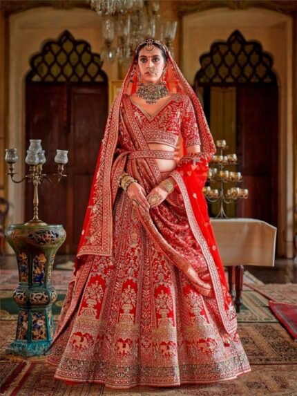 Pure Silk Bridal Wear Lehenga in Red Color With Embroidery work